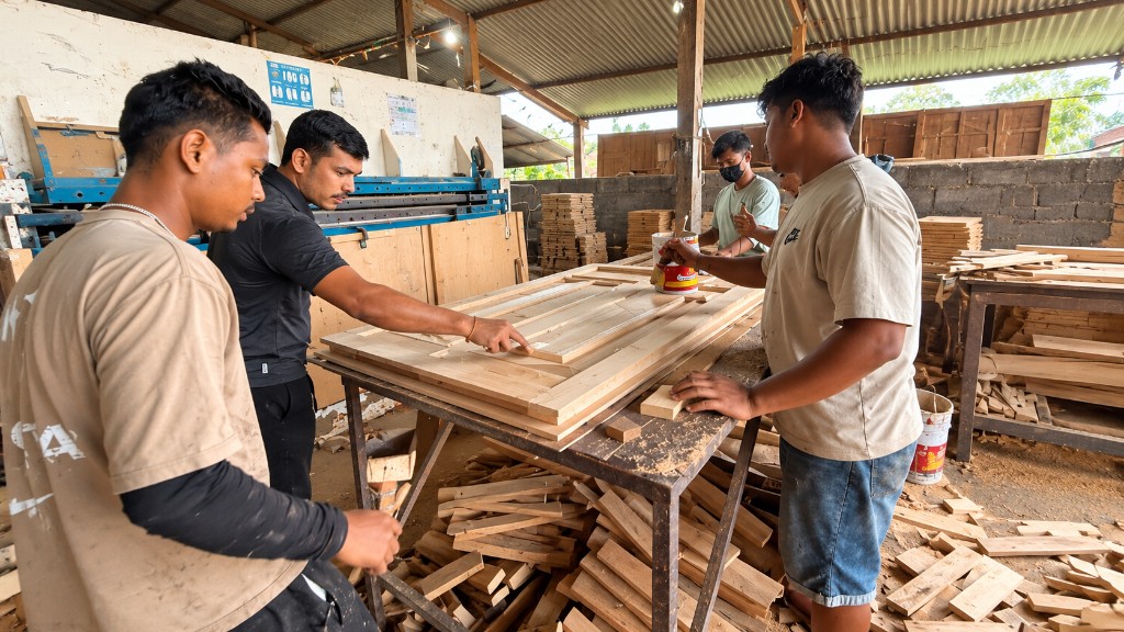 Craftsman Nepal team finishing a molded door in Kawasoti